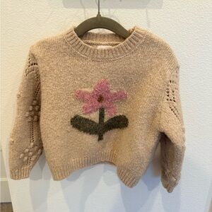 Beige Crewneck Sweater with Pink Floral Motif